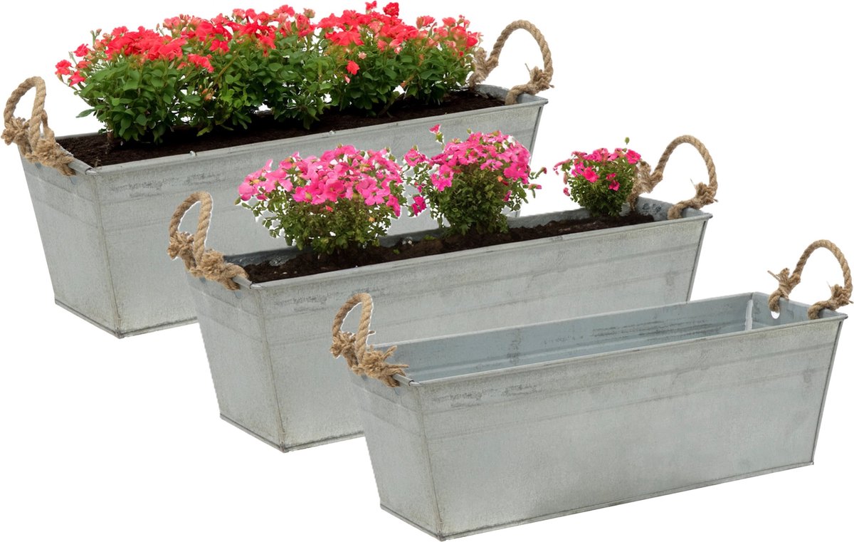 Goedkoopste Mega Collections plantenbak/bloembak Farmer - 3x - balkon/terras - zink - zilver - L37 x D13 X H10 cm