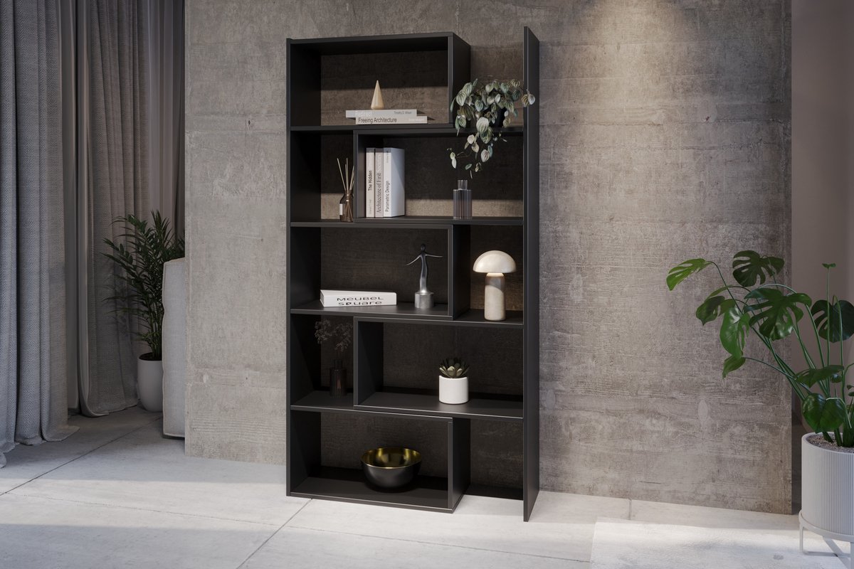Meubel Square Boekenkast DIAMOND 2 - Zwart - 186x120x32 cm - Groot opbergkast - Tweedelig uitschuifbare rek - Kast