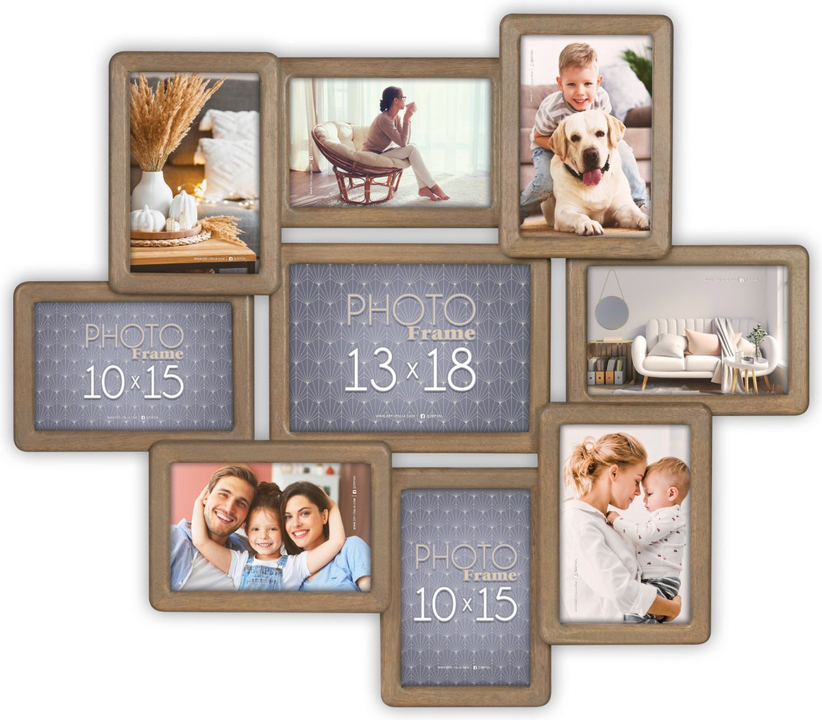 Zep Multi Houten Fotolijst Digione Bruin voor 8 foto's 10x15 en 1x 13x18 (56x49 cm)