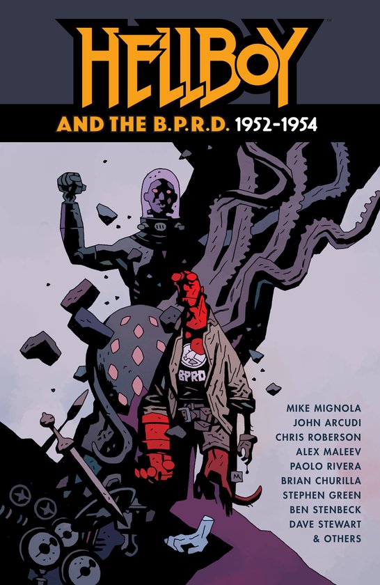 Boekomslag van 'Hellboy and the B.P.R.D. 1952-1954' met Hellboy en een B.P.R.D.-agent tegen tentakels en scherven.