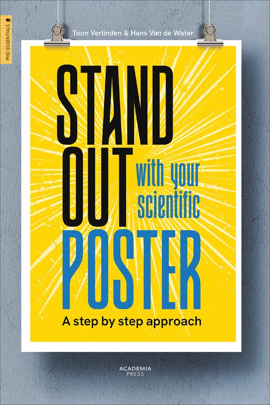 Affiche avec fond jaune et texte noir et bleu 'Stand Out with your scientific POSTER'.