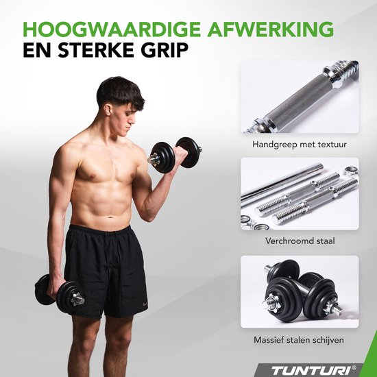 Tunturi Halter et haltères en fonte - Set d'haltères 20 kg - Haltères avec poids - Set Barbell - Fermeture à vis 30 mm - Poignée antidérapante