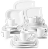 Gran Vida® - Service de table 30 pièces en porcelaine Wit - Assiettes plates, Assiettes à dessert, assiettes creuses, tasses et soucoupes