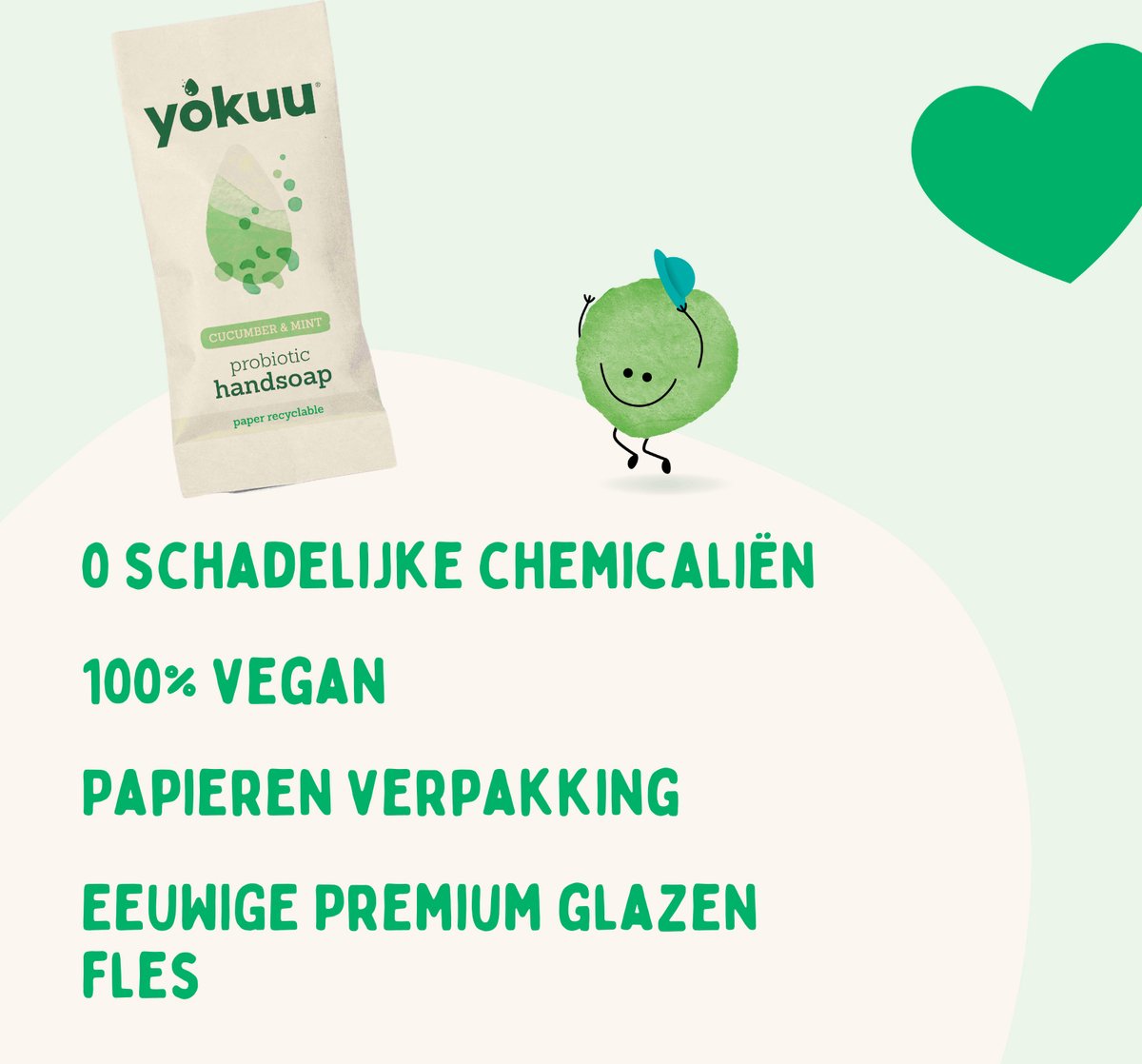 Yokuu Probiotische Vegan Handzeep – Komkommer & Munt – 1 Herbruikbare Glazen Fles + 3 Parels – Schuimende Waterloze Zeep