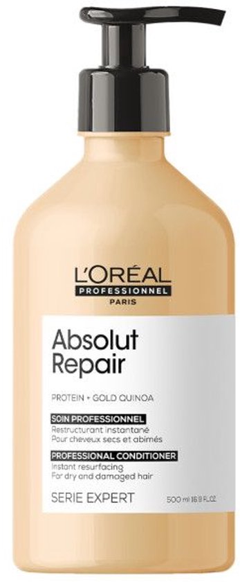 L'Oréal Professionnel Absolut Repair conditionneur avec distributeur à pompe. Bouteille beige avec étiquette blanche.