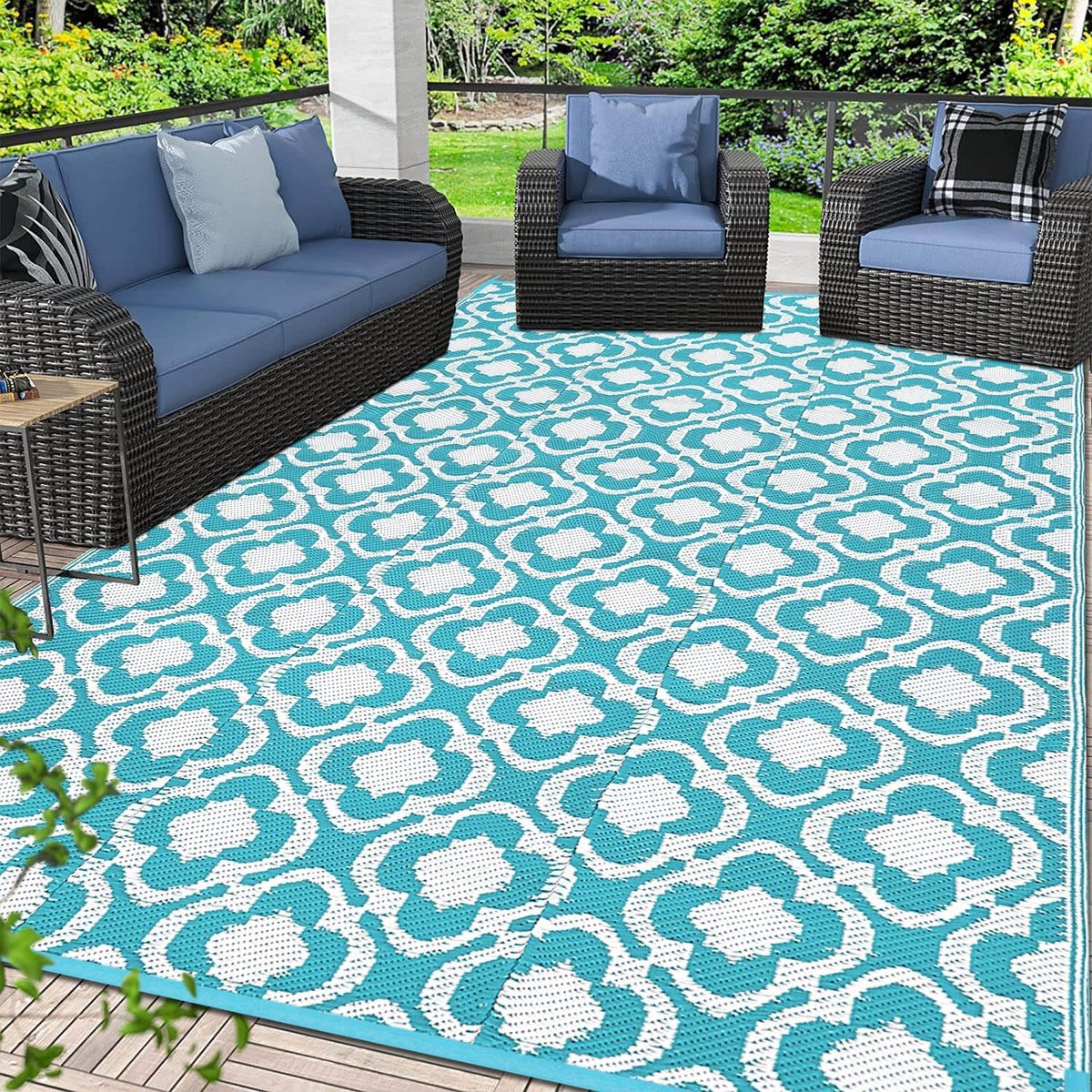 Outdoor tapijt weerbestendig turquoise 180 x 270 cm tuintapijt balkon groot waterdicht outdoor kunststof uv-bestendig buitentapijt camping terras tapijt voor tuin binnen