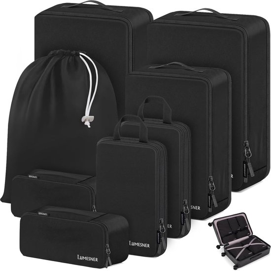 Compressieverpakkingsblokjes, set van 8, reisverpakkingsblokjes voor handbagage, compressiekofferorganizer, tassenset en reisblokjes (8 stuks, zwart)
