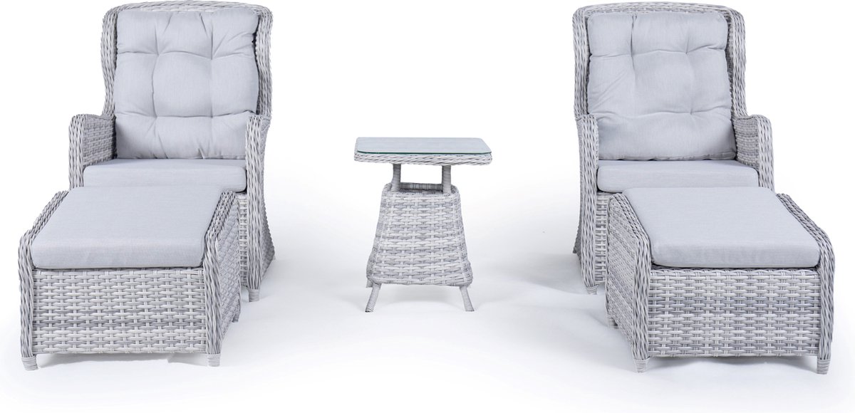 Tuinset Kyoto - 2 loungestoelen met voetenbankjes - Bijzettafel - Polyrotan - Grijs - Furniqs