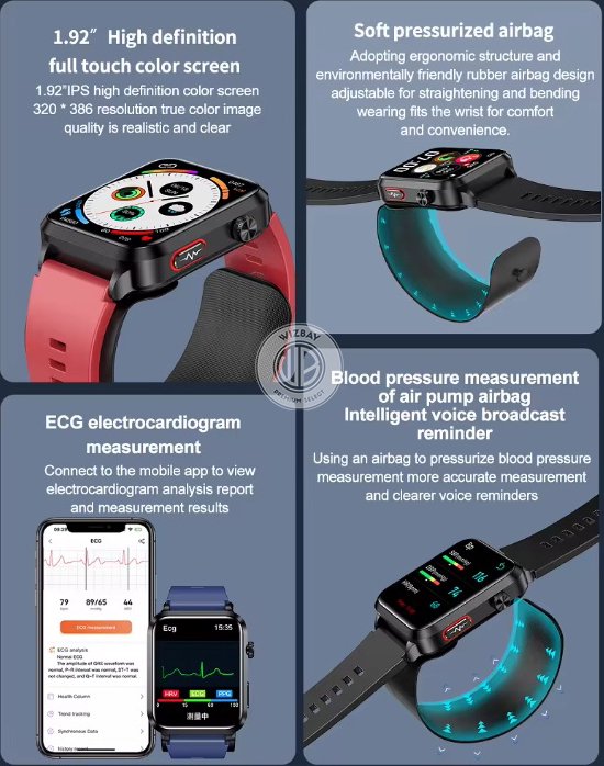 Zwarte smartwatch met 1.92 inch kleurenscherm. Toont bloeddrukmeting met airbag, ECG meting, en bloedzuurstof.