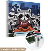 MuchoWow® Glasschilderij 50x50 cm - Schilderij acrylglas - Illustratie van wasberen om een vuilnisbak - Foto op glas - Schilderijen