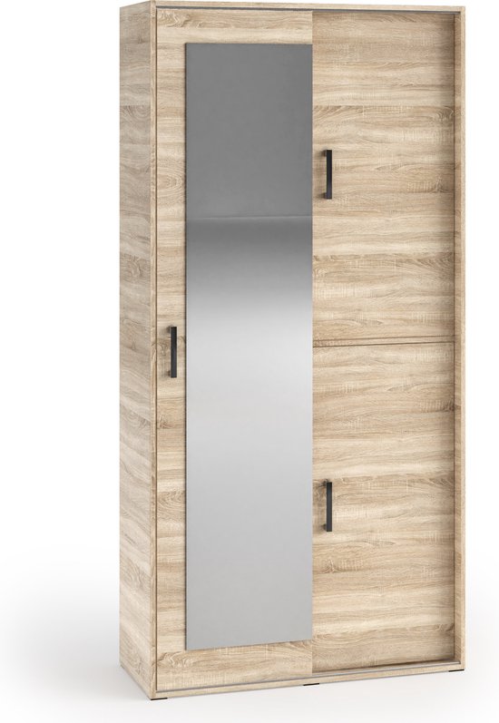 Stijlvolle kledingkast - Kledingkast met spiegel - Planken en ruimte om kleding op te hangen - 100 cm - Kleur Sonoma