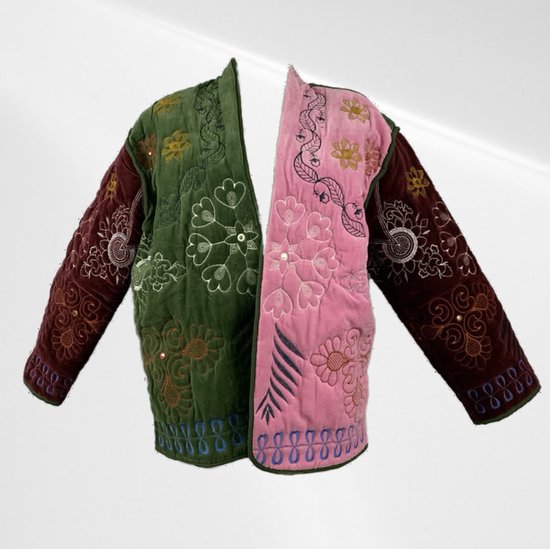 Casual jacket - Met verschillende print - Groen met roze - Velvet - One size