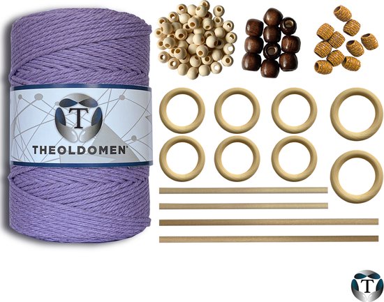 Macramé Pakket | 200 METER | Incl. Handleiding | Lichtpaars | Starter Set | Ringen | Kralen |Stokken | Macramé Touw | 3mm | 100% Katoen | Macramé | Decoratie | DIY | Doe Het Zelf | Wandkleed | Dromenvanger | Plantenhanger | Tassen | TheOldOmen |