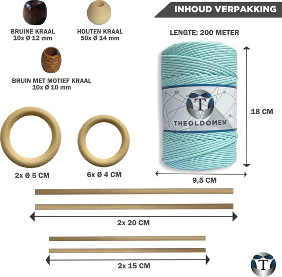 Macramé Pakket | 200 METER | Incl. Handleiding | Ocean Blue | Starter Set | Ringen | Kralen |Stokken | Macramé Touw | 3mm | 100% Katoen | Macramé | Decoratie | DIY | Doe Het Zelf | Wandkleed | Dromenvanger | Plantenhanger | Tassen | TheOldOmen |