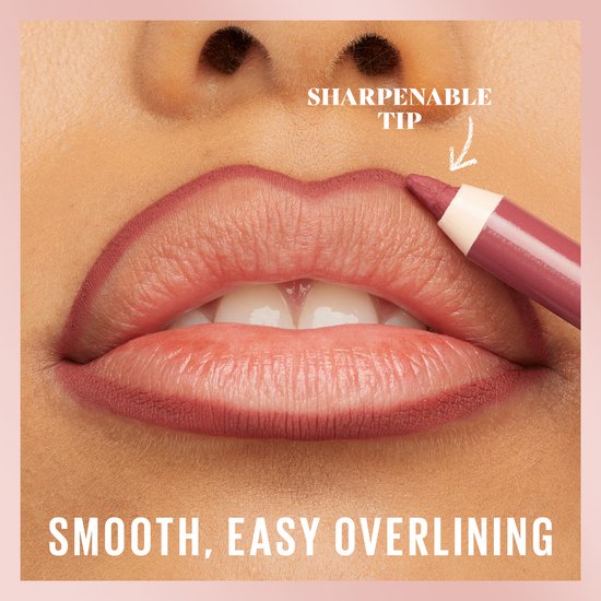 Lippotlood met puntige punt die de bovenlip aanbrengt. 'SHARPENABLE TIP' en 'SMOOTH, EASY OVERLINING'.