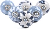Meubelknoppen grijs en wit - keramische knoppen, set van 6, punten bloemenvorm vintage handgemaakte keukenlade ronde deurknop