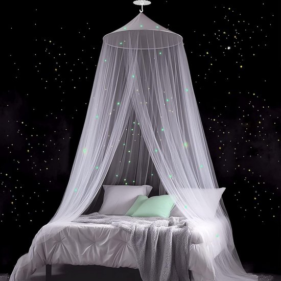 Lichtgevend muggennet met sterren voor tweepersoonsbed, eenpersoonsbed, babybed, kinderkamer met kleefhaken, schroeven, fijnmazig bedhemel, muggennet voor thuis en op reis, binnen en buiten