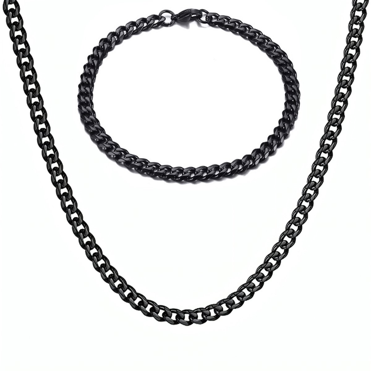 Ketting + Armband Set - Cuban Link Dikke Schakel - Zwart - 5mm - Kettingen Armbanden Sieraden Set Heren - Vaderdag Cadeau Geschenk