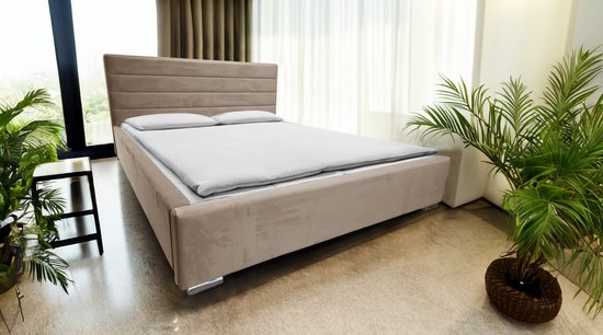 Maxi Maja - AMOR tweepersoonsbed - Bed met frame - Container naar boven openend - Chromen poten - 180 x 200 - Beige kleur - Nice Magic Velvet stof