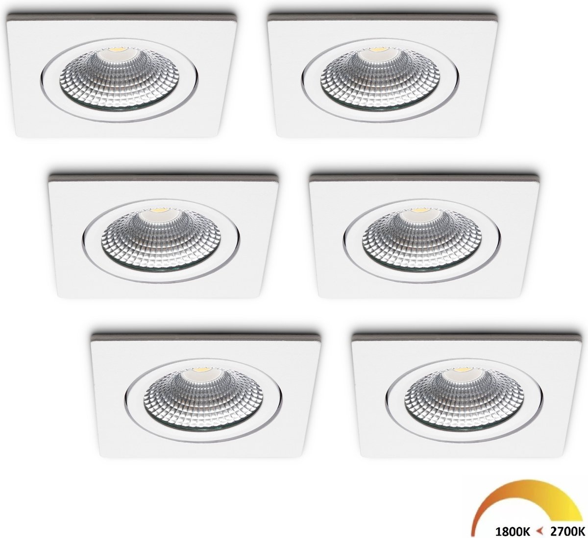 Ledisons LED inbouwspot Trento set 6 stuks wit dimbaar Ø85 mm 5 jaar garantie Dim-to-warm 450 lumen 5 Watt IP54