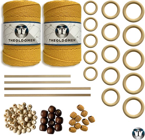XXL Macramé Pakket | 400 METER | Incl. Handleiding | Oker | Starter Set | Ringen | Kralen | Stokken | Macramé Touw | 3mm | 100% Katoen | Macramé | Decoratie | DIY | Doe Het Zelf | Wandkleed | Dromenvanger | Plantenhanger | Tassen | TheOldOmen