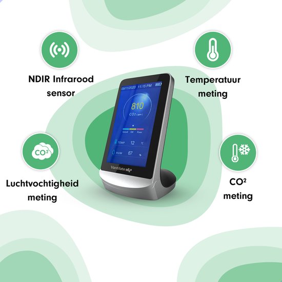 VANTILATE CO2 Meter Binnen - CO2 Meter Horeca Met Alarm - CO2 Melder NDIR Sensor - Luchtkwaliteitsmeters Monitor - Temperatuurmeter