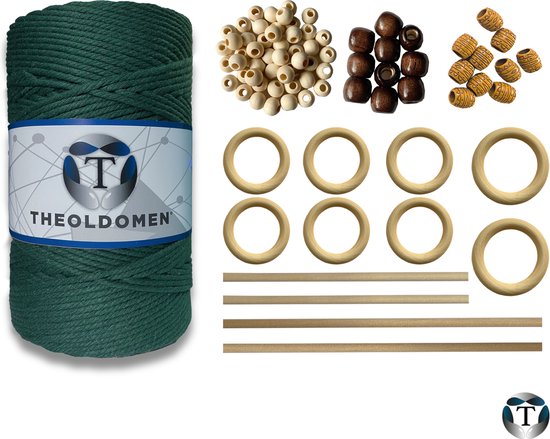 Macramé Pakket | 200 METER | Incl. Handleiding | Donkergroen | Starter Set | Ringen | Kralen |Stokken | Macramé Touw | 3mm | 100% Katoen | Macramé | Decoratie | DIY | Doe Het Zelf | Wandkleed | Dromenvanger | Plantenhanger | Tassen | TheOldOmen |