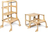 Ette Tete Step 'n Sit - Leertoren - Naturel met zilveren clips - Inklapbaar tot tafel en stoel - Met extra support - Learning Tower - Montessori inspired - Keukentrap - Keukenhulp - Leerstoel - Veilig -Duurzaam