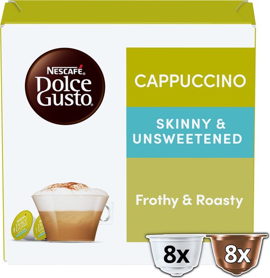 Zijaanzicht verpakking Nescafé Dolce Gusto Cappuccino Skinny & Unsweetened met 8 koffie- en 8 melkcups.