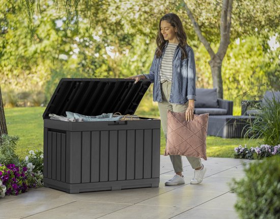 Opbergdoos Met Wielen Keter Kentwood Tuinbox 190 Liter – Dubbel Als Opbergkist én Zitbank, UV-bestendig (82,3 X 45,7 X 57,7 Cm) Opbergbox Tuinkussens