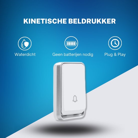Witte deurbelknop met grijze rand, met icoontjes voor waterdicht, geen batterijen en plug & play.