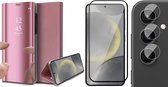 Hoesje geschikt voor Samsung Galaxy S24 - Screenprotector Volledig Dekkend Glas & Camera - Spiegel Book Case Rosegoud