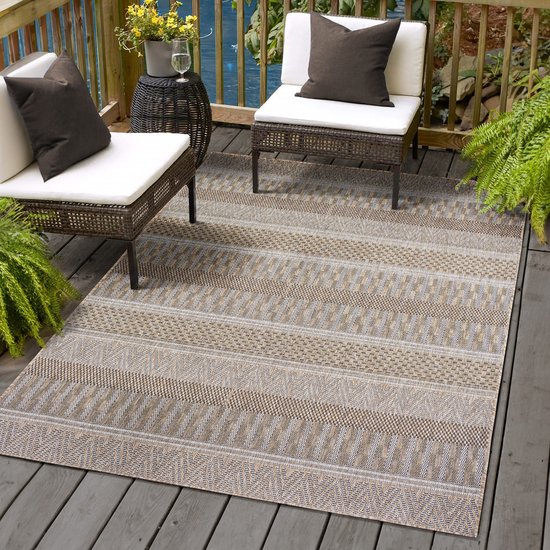 Carpetsale24 Buitentapijt, Binnen en Buiten Tapijt Crèmekleur 200x290 cm, Labyrint Boheems ontwerp, Wasbaar, Weerbestendig, Outdoor Tapijt voor