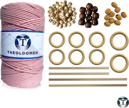 Macramé Pakket | 200 METER | Incl. Handleiding | Roze | Starter Set | Ringen | Kralen | Stokken | Macramé Touw | 3mm | 100% Katoen | Macramé | Decoratie | DIY | Doe Het Zelf | Wandkleed | Dromenvanger | Plantenhanger | Tassen | TheOldOmen |