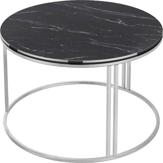 In And OutdoorMatch Table Basse Adele - Ronde - 50x80 cm - Marbre Zwart et Argent - Aggloméré et Métal - Design élégant