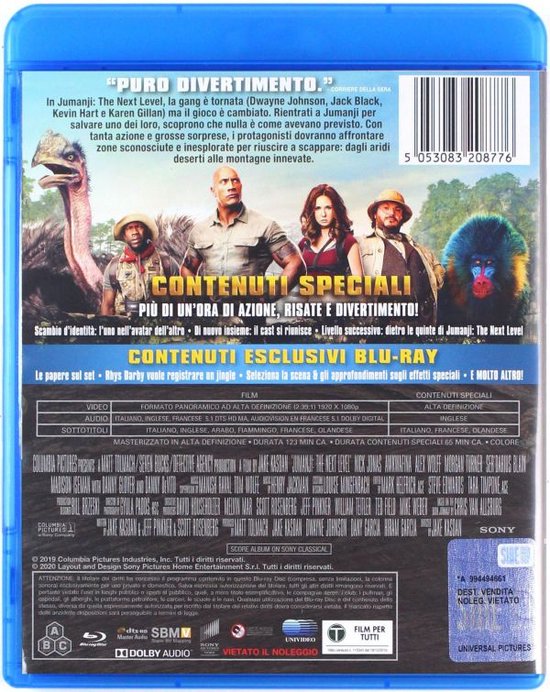 Blu-ray hoes Jumanji: The Next Level met een dinosaurus, The Rock, Jack Black, Kevin Hart en Karen Gillan. Tekst: 'CONTENUTI SPECIALI PIÙ DI UN'ORA DI AZIONE, RISATE E DIVERTIMENTO!'