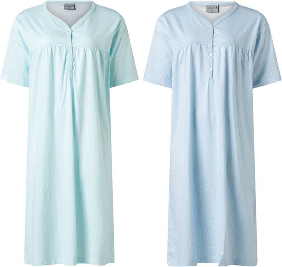 Lunatex - 2 dames nachthemden 224160 - korte mouw - turquoise en blauw - maat XXL