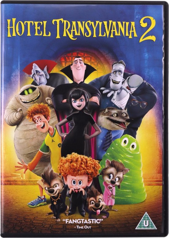 De DVD-cover van Hotel Transylvania 2 met de hoofdpersonages.