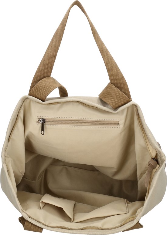 Open lichtbruine canvas shopper tas met bruine hengsels. Binnenvak met rits en open vakjes.