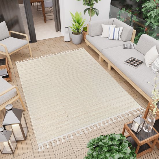 Tapiso Rio Loop Vloerkleed Outdoor Beige Buiten Kwastjes Laagpolig Tapijt Maat- 140x200