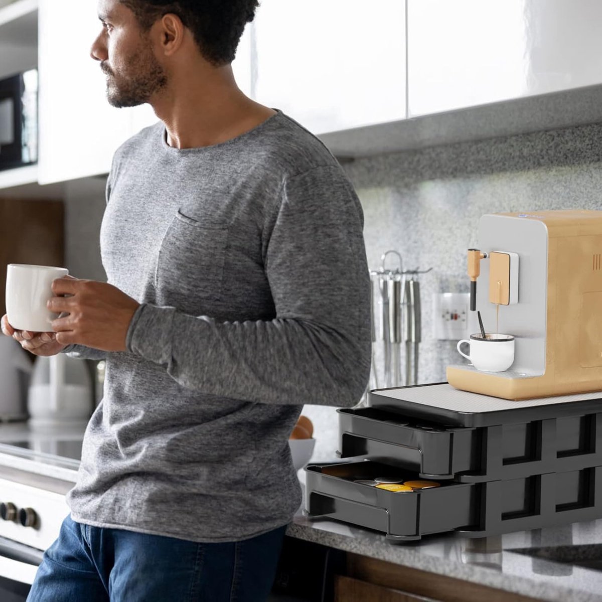 Koffiecapsulehouder voor koffiecapsules opslag met 2 laden instelbare capaciteit capsulestandaard capsuledispenser voor keuken kantoor zwart