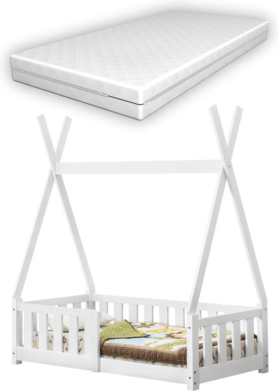 In And OutdoorMatch Kinderbed Bellisa - Tipi Bed - Met Valbeveiliging - Incl. Matras - 70x140 cm - Wit - Meisjesbed - Jongensbed