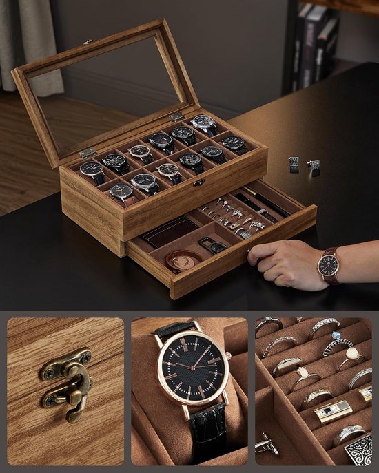 SONGMICS Horlogebox 12 compartimenten, horlogekast met venster, horlogedisplay, massief houten fineer, fluwelen voering, verticale opbergruimte, ruimtebesparend, cadeau-idee, ebbenhoutzwart JOW014B01