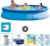 Intex Rond Opblaasbaar Easy Set Zwembad - 366 x 76 cm - Blauw - Inclusief Pomp Solarzeil - Onderhoudspakket - Filters - Vloertegels