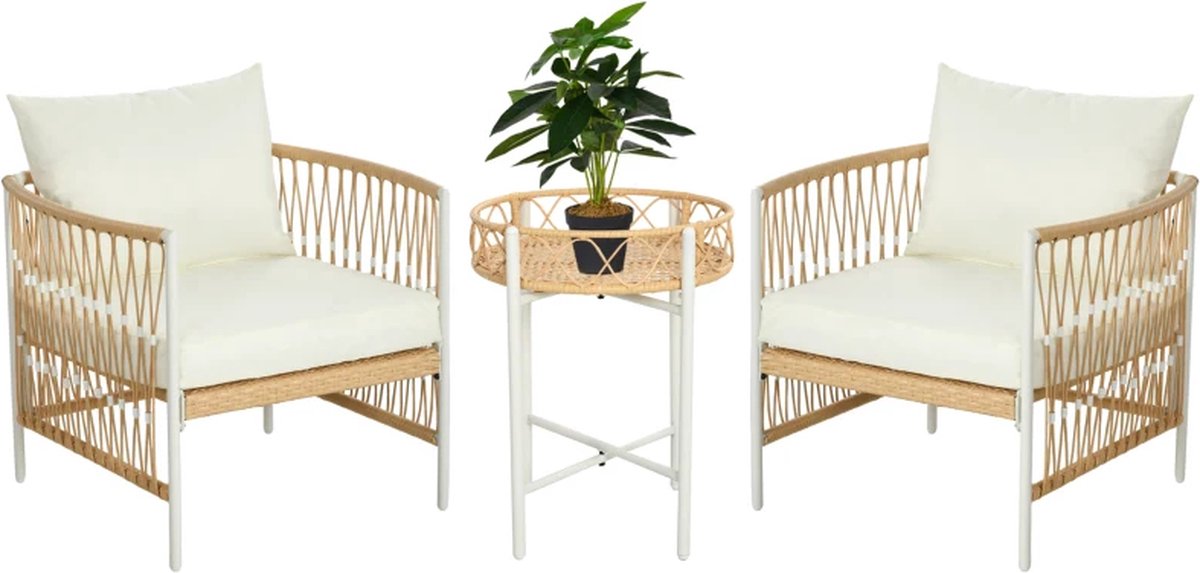 Balkonset 2 personen - Tuinset - Bistroset - Creme - 3 delig - Tuintafel en 2 stoelen - 2 personen - Gecoat staal - Onderhoudsvrij staal – foto 2