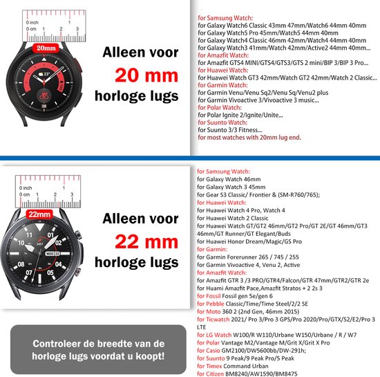 Schematische weergave van 20mm en 22mm horlogeband maten met tekst