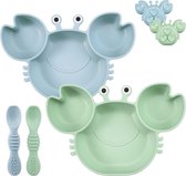 Set van 2 siliconen zuigborden voor kinderen, onbreekbare deelbare borden voor kleuters, met 2 puppy's om zelf te voeden, blauwe en groene krab