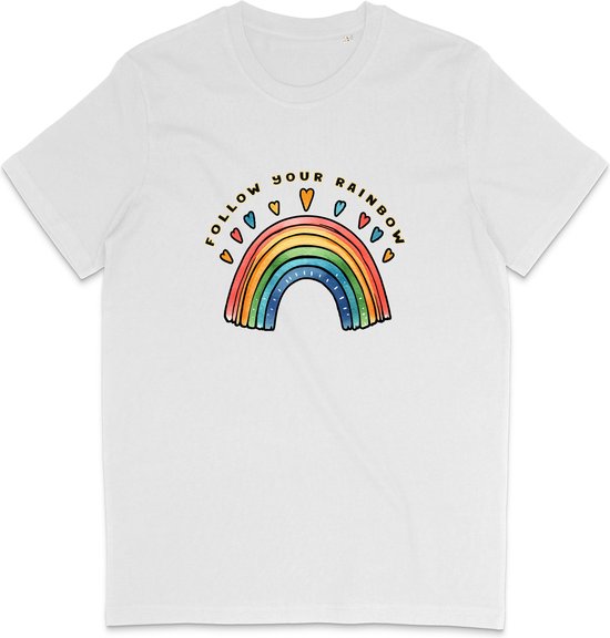 Foto: T shirt dames en heren regenboog en tekst follow your rainbow wit m