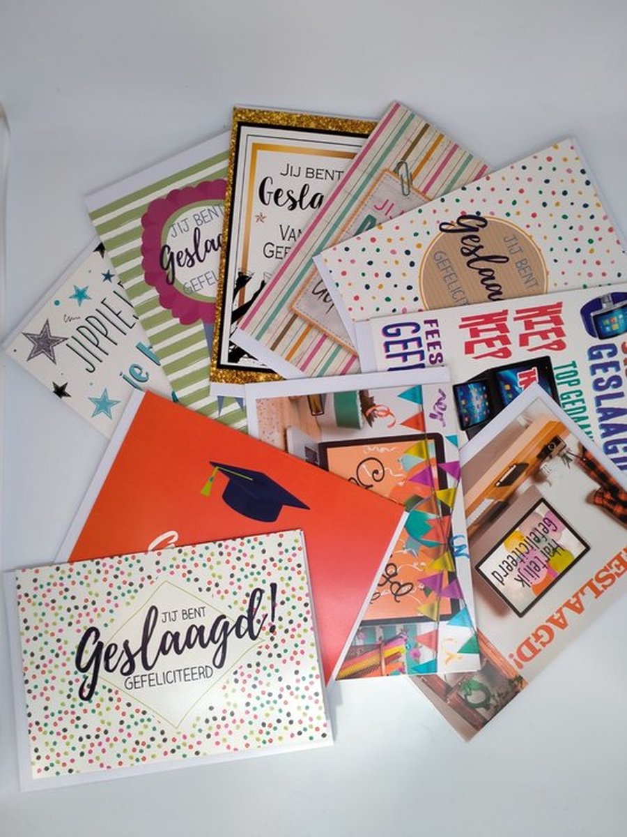 5 luxe wenskaarten geslaagd - Diploma behaald - hoera geslaagd - gefeliciteerd - geslaagd17x12cm - Dubbele kaarten met envelop