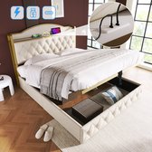 Sweiko Gestoffeerd bed met USB Type C oplaadfunctie, tweepersoonsbed 160 x 200 opbergbed met metalen frame lattenboden, Licht Beige (Zonder matras)